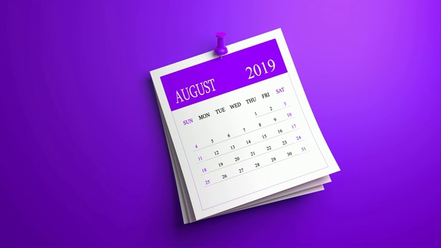 可循环的挥动8月日历2019年在紫色的背景视频素材