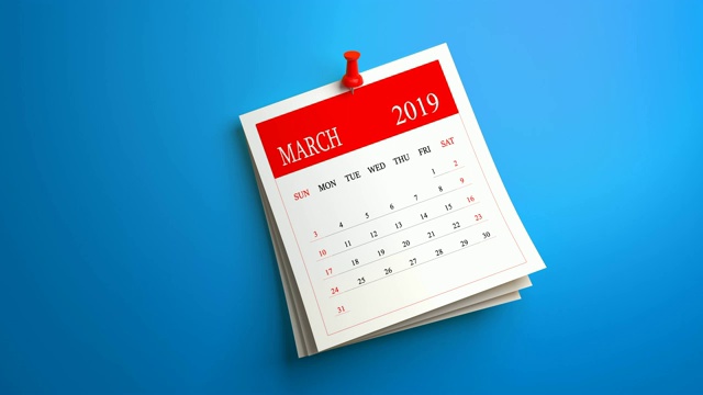 可循环挥动2019年3月日历在蓝色背景视频素材