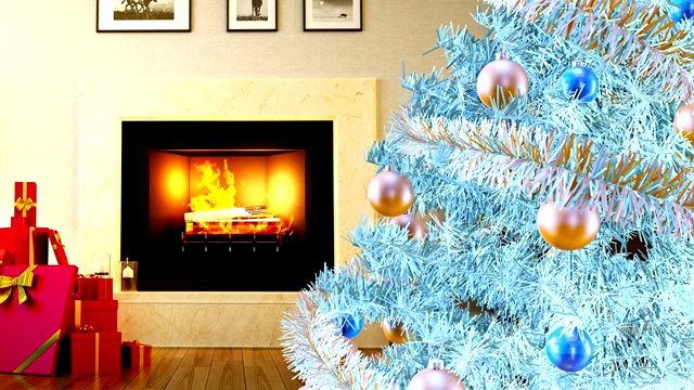 背景与彩色的小饰品白色圣诞树旁边燃烧的壁炉和礼物盒在客厅视频素材