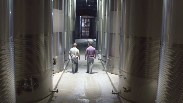 两名葡萄园主边走边聊着，他们走过的工厂车间里排列着大型不锈钢酒桶。视频素材