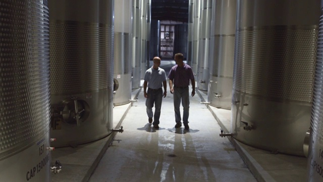 两名葡萄园主一边谈笑风生，一边走过摆满不锈钢大酒桶的工厂车间。视频素材