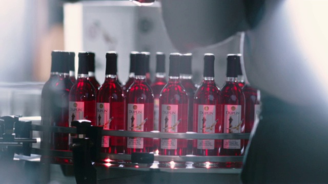 SLOMO。酒厂员工将四瓶红酒放在一个旋转的显示器上。视频素材