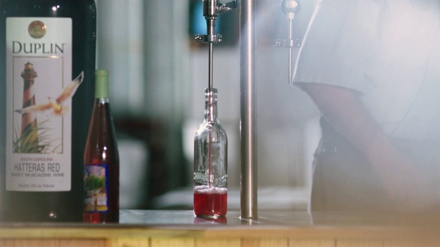 SLOMO。酿酒厂员工用喷瓶机将一个干净的瓶子装满玫瑰色的葡萄酒。视频素材