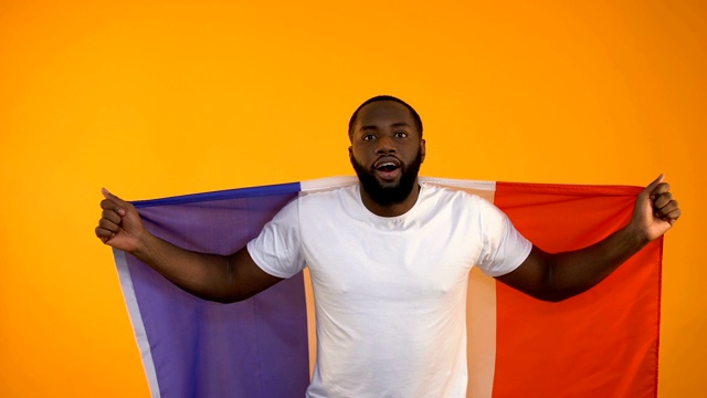 非裔美国人挥舞法国国旗，球迷支持国家队视频素材
