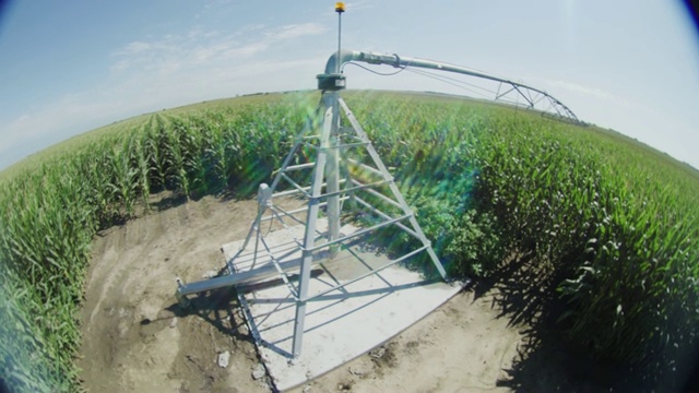 摄像机用广角镜头通过一个中心支点灌溉系统的枢轴在一个巨大的玉米田中间。视频素材