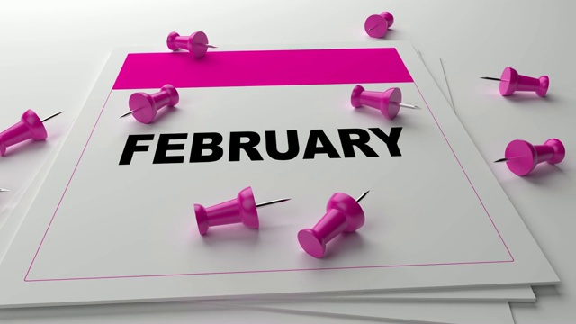 粉红色二月日历在白色的背景与粉红色的大头针视频下载