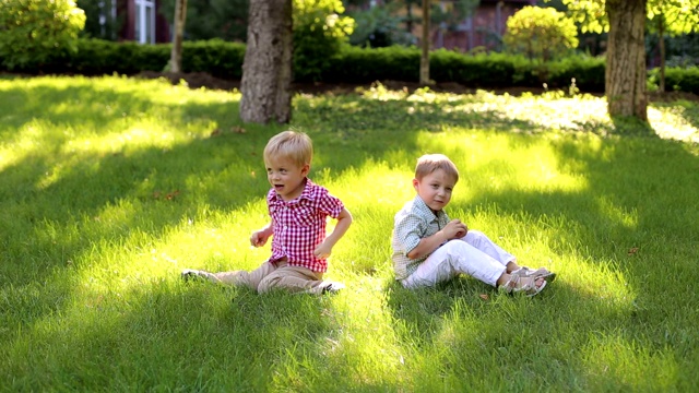 两个有趣的小男孩在公园的绿草地上玩耍。暑假。视频素材