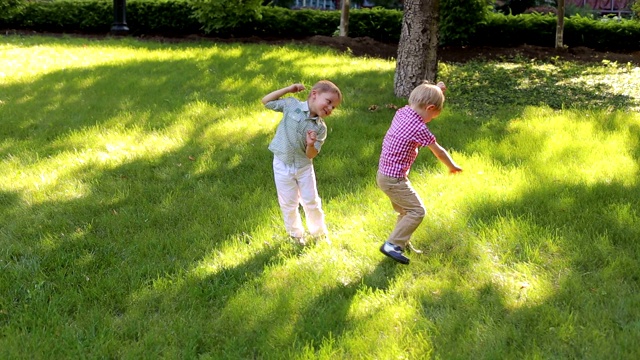 两个有趣的小男孩在夏天公园的绿草地上玩耍。视频素材