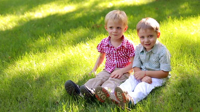两个有趣的小男孩在公园的绿草地上玩耍。暑假。视频素材
