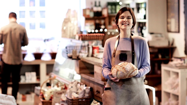 微笑的熟食店女老板的肖像，穿着围裙拿着一条面包视频素材