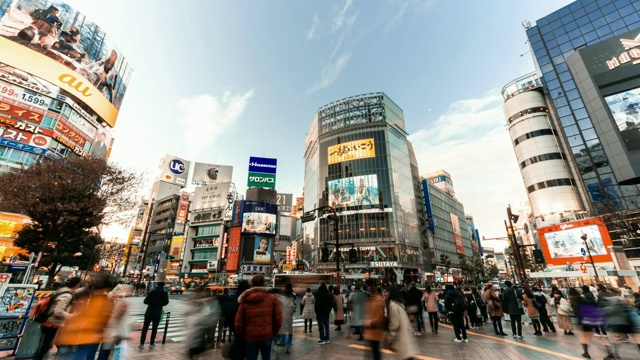 4K超高清延时拍摄涉谷斑马线，人潮拥挤，汽车交通穿越十字路口。东京旅游景点地标，日本旅游，或亚洲城市生活理念视频素材