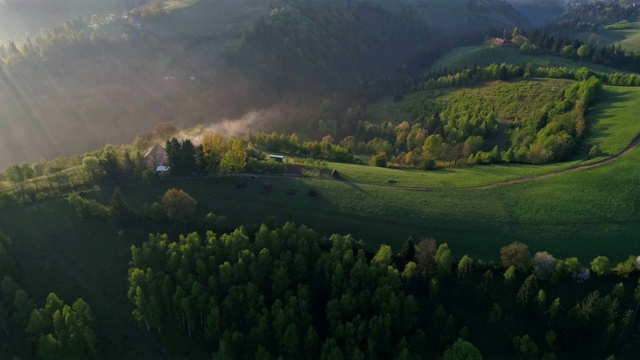 鸟瞰特兰西瓦尼亚的绿色田野，日出时的山村，明亮的阳光，小房子，春天，绿色植物，喀尔巴阡山脉，雄伟的景色，旅游目的地视频下载