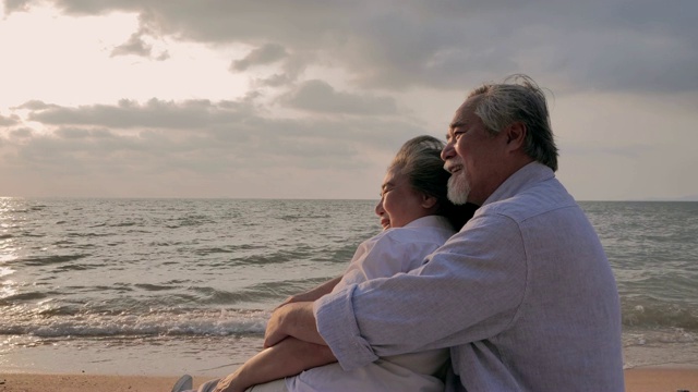 老夫妇一起坐在海滩上看日落。在阳光明媚的日子里，一对老年夫妇在海边放松视频素材
