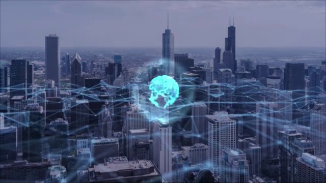 4k分辨率全球网络技术和连接数据与芝加哥双重曝光视频素材