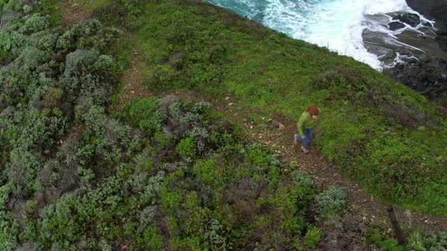 女人在大苏尔徒步旅行的向下倾斜的天线视频素材