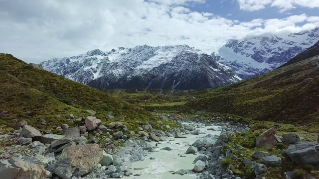 航拍的溪流流过山谷在山区视频素材