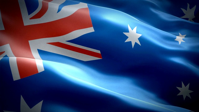 澳大利亚挥舞着国旗。3d澳大利亚国旗飘扬。标志澳大利亚无缝循环动画。澳大利亚国旗高清分辨率背景。澳大利亚国旗特写1080p全高清视频演示视频下载
