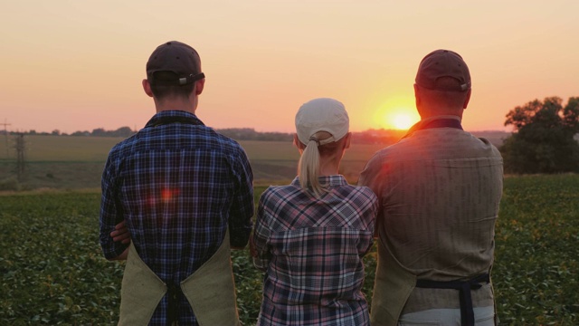 一个农民家庭下班后欣赏日落在他们的田地视频素材