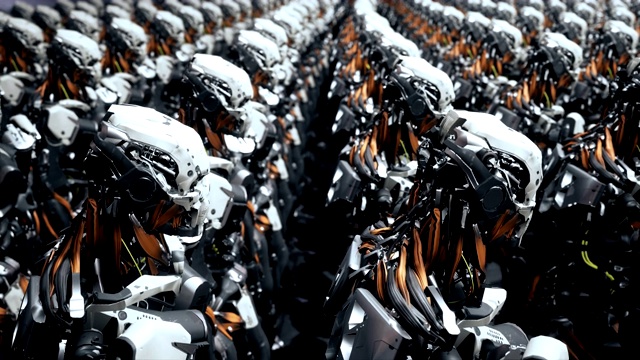 镜头从一艘宇宙飞船上的机器人士兵小队上空飞过。超级现实电影科幻动画。视频素材