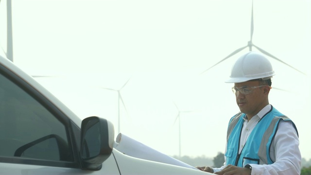 一名男性工程师在风力涡轮机前拿着平板电脑视频素材