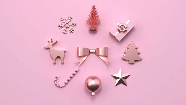 最小抽象运动动画金属玫瑰金形状3d渲染粉色场景平铺圣诞假期概念视频素材