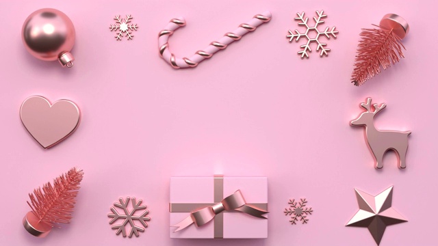 最小抽象运动动画金属玫瑰金形状3d渲染粉色场景平铺圣诞假期概念视频素材