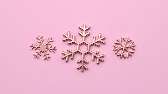 最小抽象运动动画金属玫瑰金形状3d渲染粉色场景平铺雪花圣诞假期概念视频素材