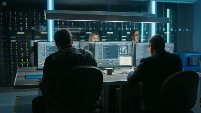 在数据中心控制室的台式计算机上工作的IT程序员团队。年轻的专业人员在软件和硬件开发，做编码视频素材