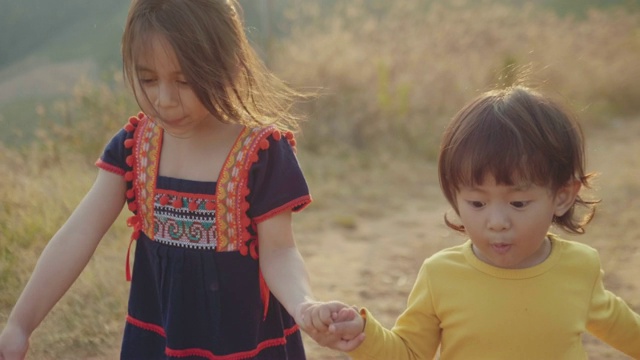 哥哥和妹妹跑过葱翠的森林视频素材