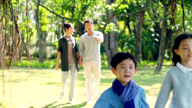 一个亚洲家庭，两个孩子在树林里散步视频素材