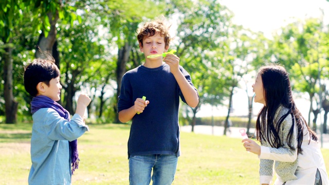 三个孩子在户外的公园里吹泡泡视频素材