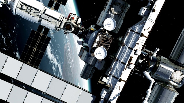 地球背景下的国际空间站飞行。视频素材