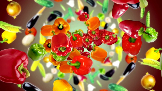 跌落辣椒和蔬菜圈动画，背景，渲染，循环视频下载