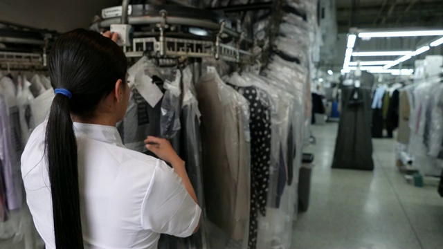 后视图的女人操作传送带在一个工业洗衣寻找一件衣服视频素材