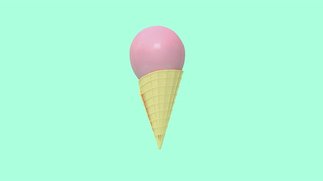 抽象的粉色冰淇淋蛋筒悬浮旋转绿色黑底三维渲染运动视频素材
