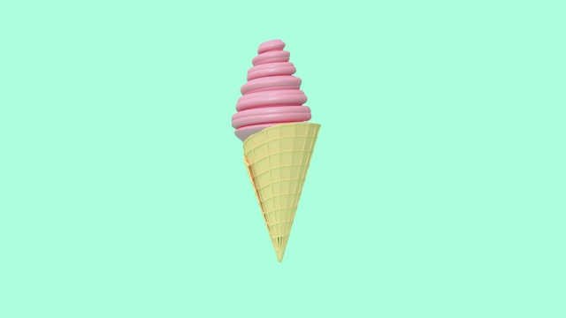 抽象的粉色冰淇淋蛋筒悬浮旋转绿色黑底三维渲染运动视频素材