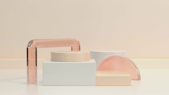 白色橙色/粉色玻璃材料几何形状抽象运动3d渲染白色场景视频素材