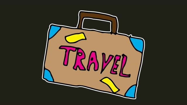 孩子们画的黑色背景与旅游行李的主题视频下载