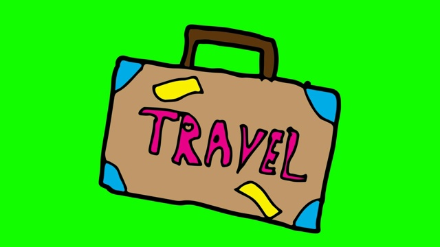 孩子们画绿色的背景，以旅行行李为主题视频素材