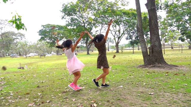 高清慢镜头:两个女孩在公园里玩视频素材