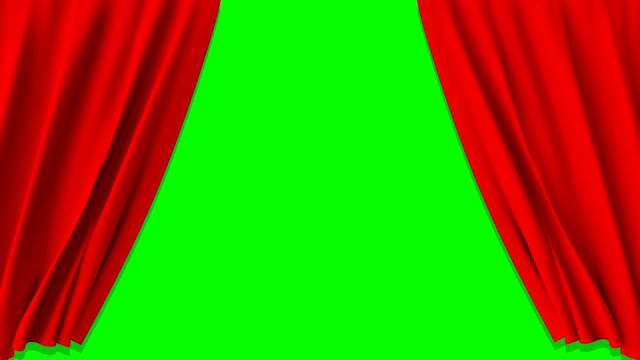 红色的窗帘开着，绿色的屏风关上视频下载