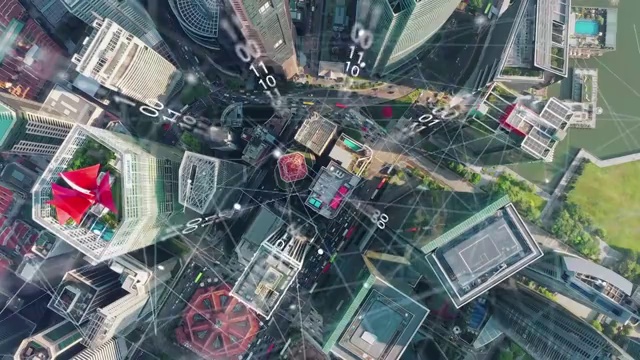 鸟瞰新加坡现代城市及通讯网络，智慧城市。物联网。信息通信网络。传感器网络。智能电网。概念抽象和工业4.0视频素材