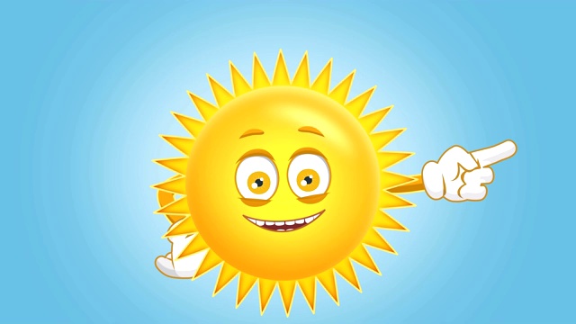 卡通可爱的太阳快乐的右指针与脸的儿童动画与阿尔法哑光视频素材