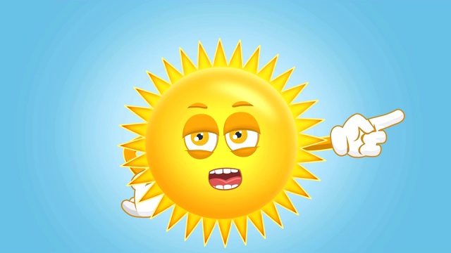 卡通可爱的太阳不快乐的右指针说话与脸的孩子动画阿尔法哑光视频素材