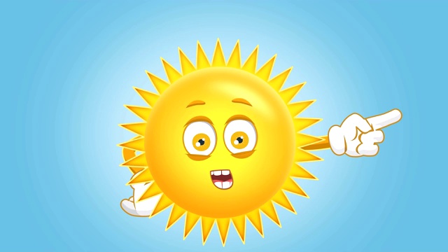 卡通可爱的太阳快乐的右指针说话与脸的孩子动画阿尔法哑光视频下载