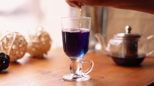 一位女士将一个柠檬挤进了一杯泰国蓝花茶蓝蝴蝶豌豆茶中。蓝茶对柠檬汁的反应。蓝色的茶变成紫色。慢动作视频素材