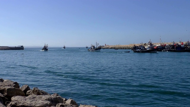 摩洛哥。返回母港的渔船视频素材