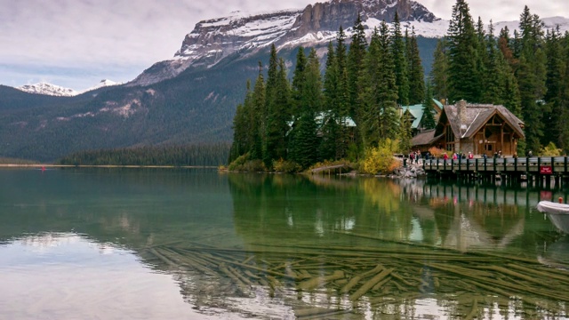 Time Lapse of Emerald lake landscape nature scene in Yoho national park, Alberta,Canada, Time Lapse Tilt up movement .加拿大亚伯达省Yoho国家公园翡翠湖景观自然景观视频下载