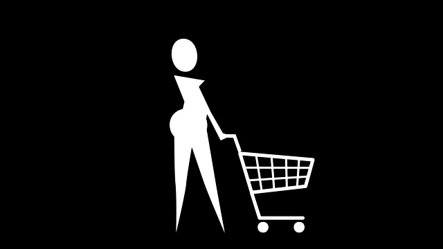 扁平的黑色棍子人物女人女孩行走周期与空的购物车卡通人物动画视频下载