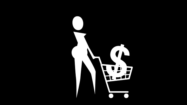 扁黑棍图女孩商人推着购物车与美元钱标志卡通人物动画视频下载